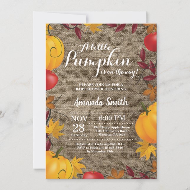 Invitación a Baby Shower de Ball Pumpkin Burlap (Anverso)