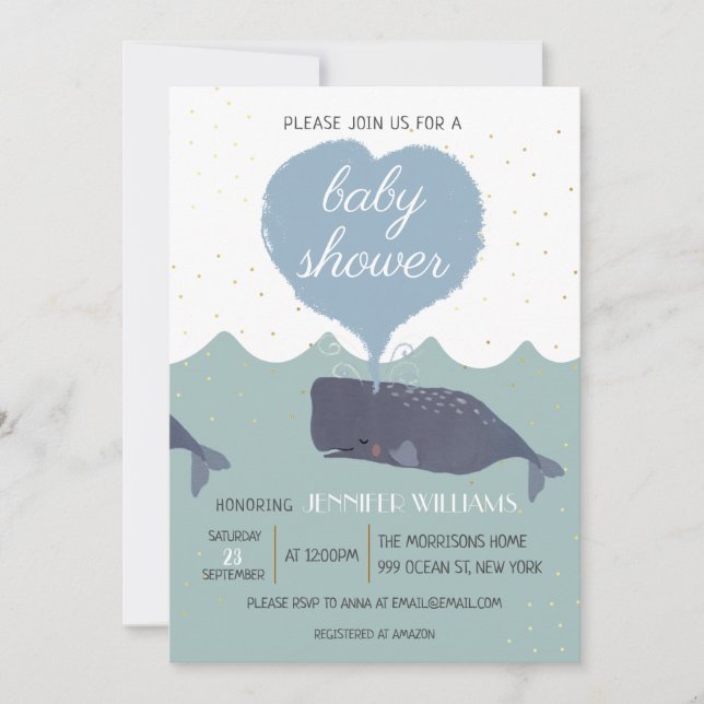 Invitación a Baby Shower de ballena azul (Anverso)
