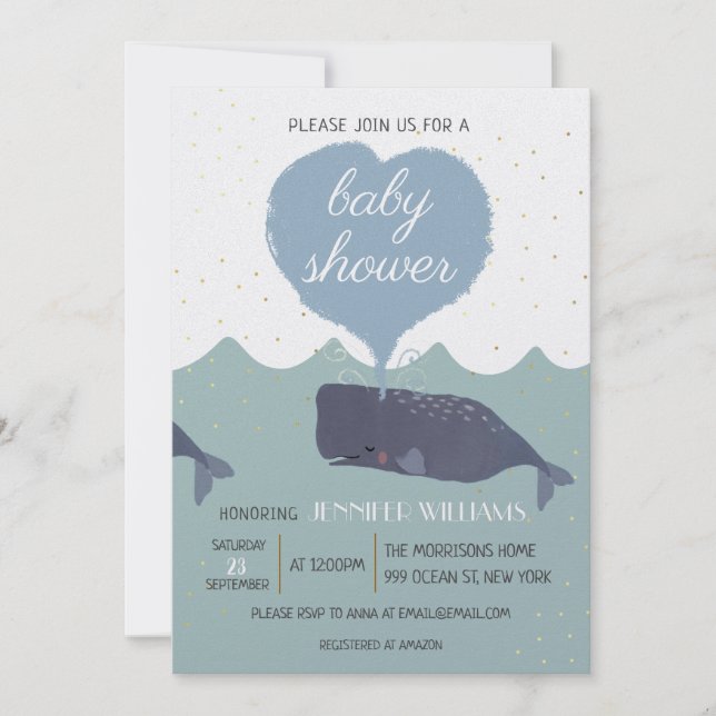 Invitación a Baby Shower de ballena azul (Anverso)