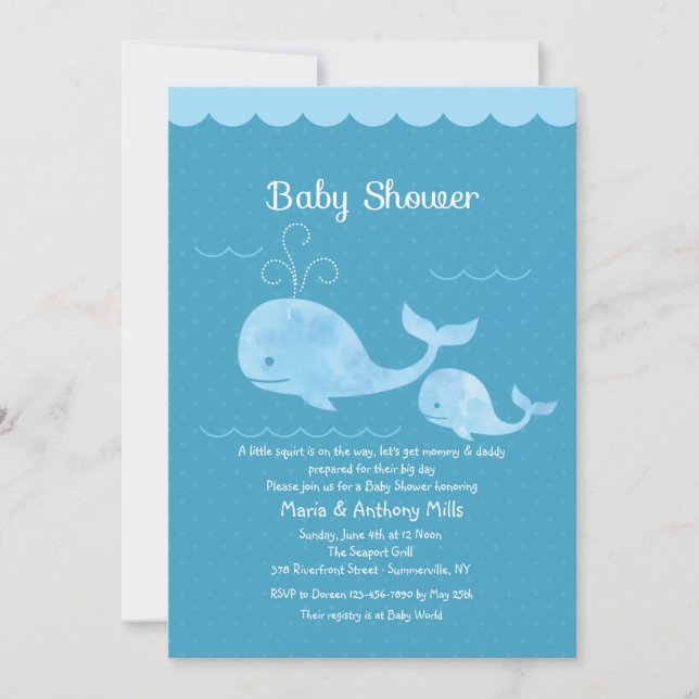 Invitación a Baby Shower de ballena azul (Anverso)