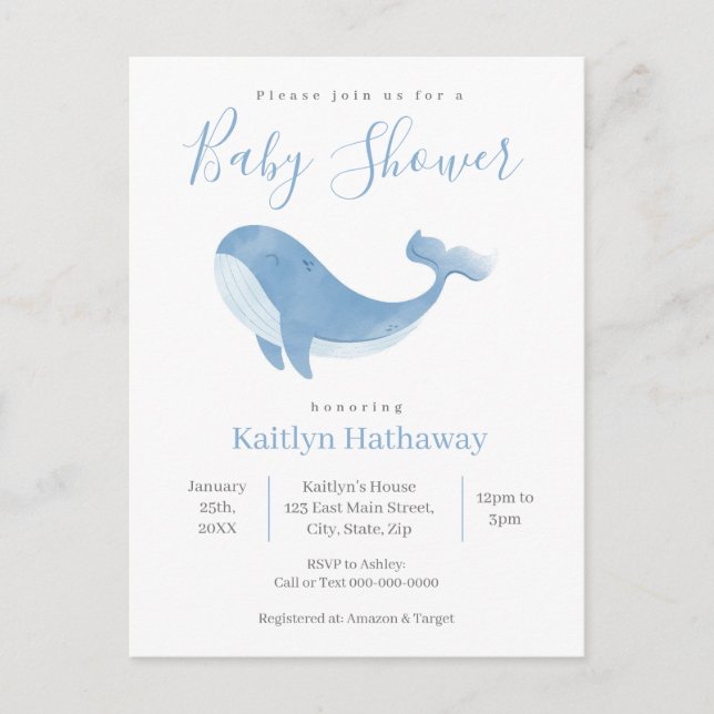Invitación a Baby Shower de ballena azul acuarela (Anverso)