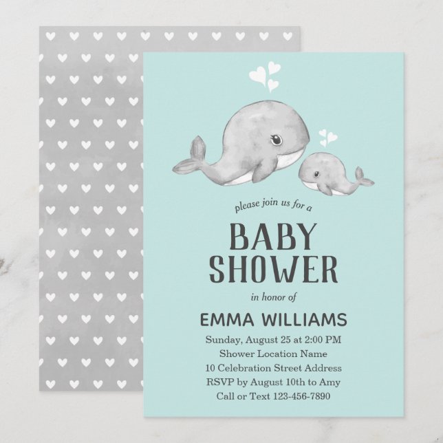 Invitación a Baby Shower de ballena azul dulce - c (Anverso / Reverso)
