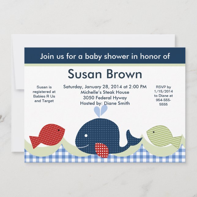 Invitación a Baby Shower de ballena azul/vida mari (Anverso)