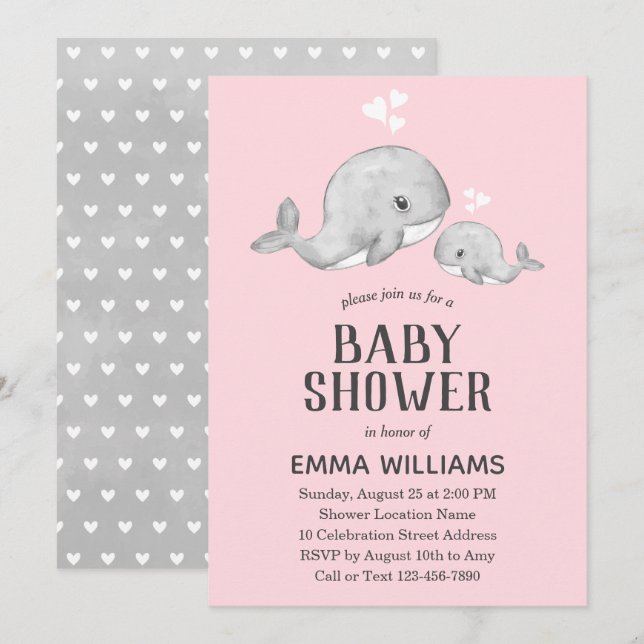 Invitación a Baby Shower de ballena gris rosada -  (Anverso / Reverso)