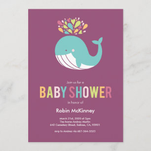 Invitación a Baby Shower de ballena morada en llam