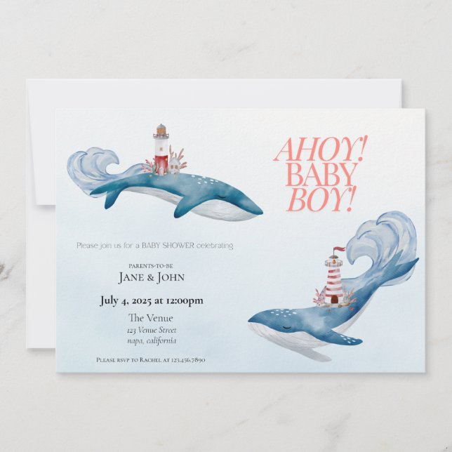 Invitación a Baby Shower de ballena náutica (Anverso)