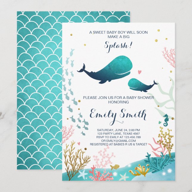 Invitación a Baby Shower de ballena Ocean Ahoy Boy (Anverso / Reverso)