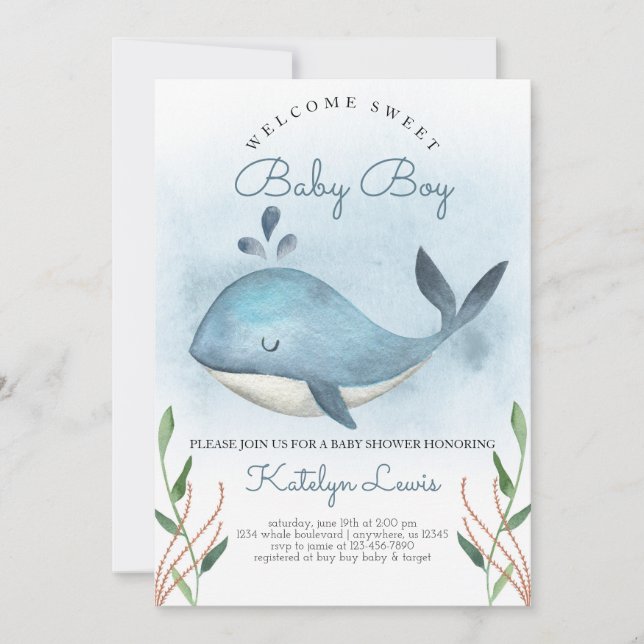 Invitación a Baby Shower de ballena para bebé (Anverso)