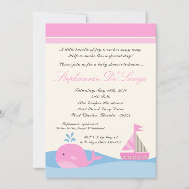 Invitación a Baby Shower de ballena para naut barc (Anverso)