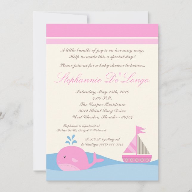 Invitación a Baby Shower de ballena para naut barc (Anverso)