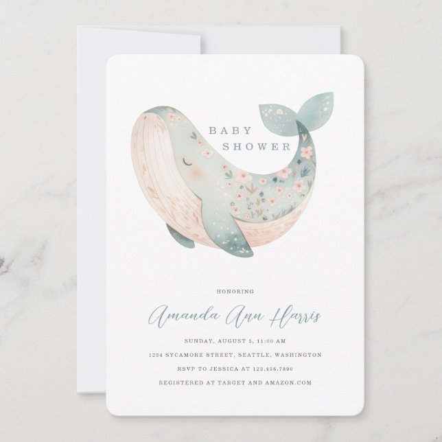 Invitación a Baby Shower de ballena pura (Anverso)