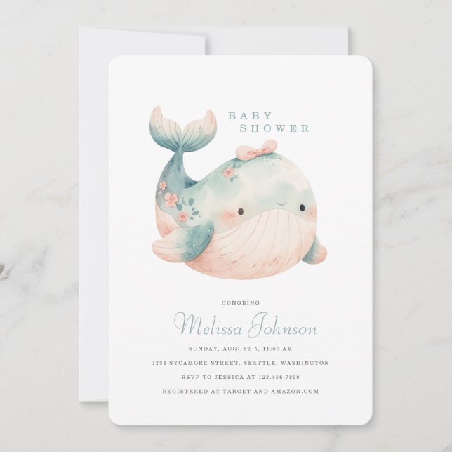 Invitación a Baby Shower de ballena pura (Anverso)