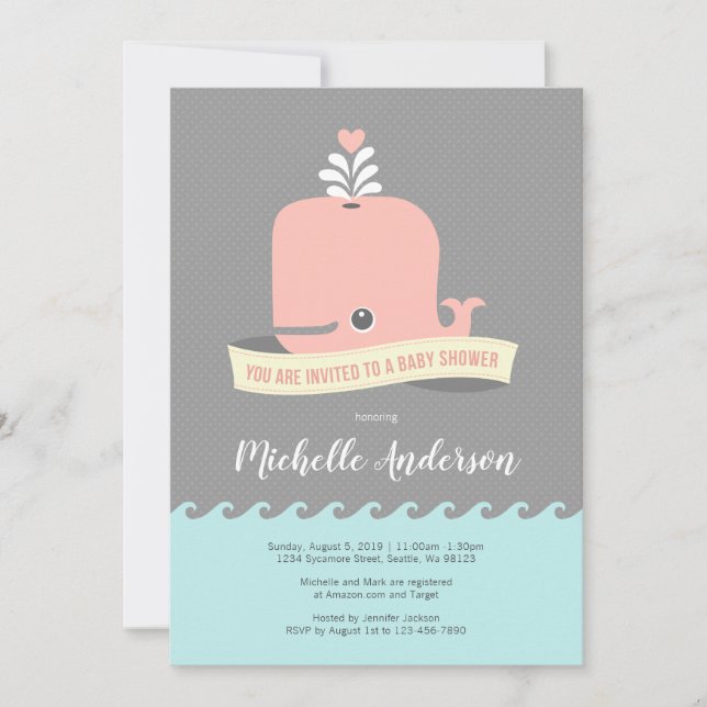 Invitación a Baby Shower de ballena rosa (Anverso)