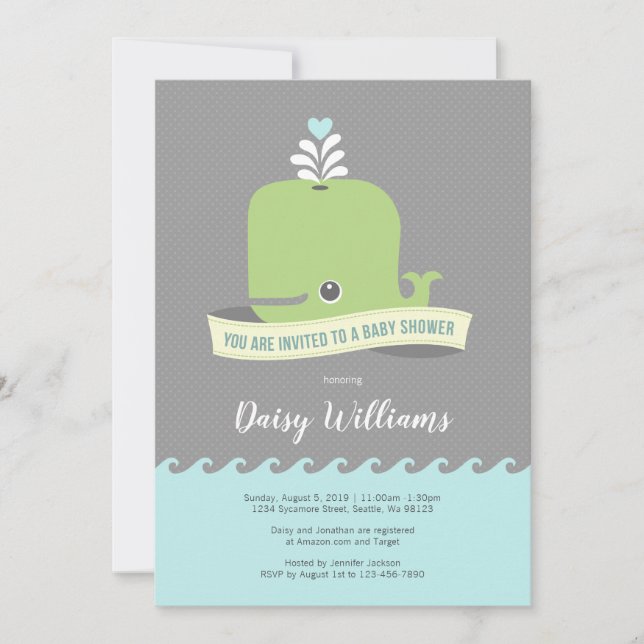 Invitación a Baby Shower de ballena verde (Anverso)