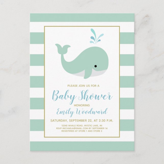 Invitación a Baby Shower de ballena verde de menta (Anverso)