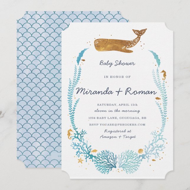 Invitación a Baby Shower de ballenas (Anverso / Reverso)