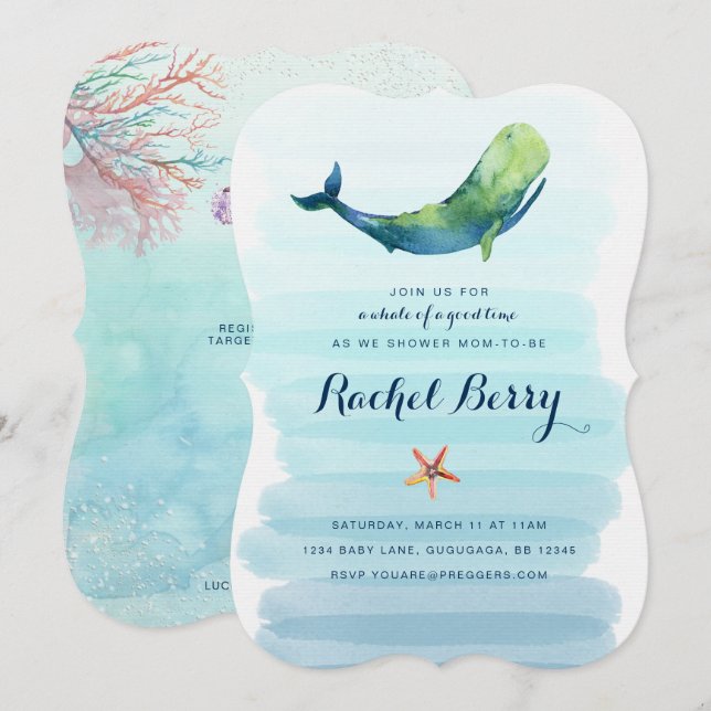 Invitación a Baby Shower de ballenas (Anverso / Reverso)