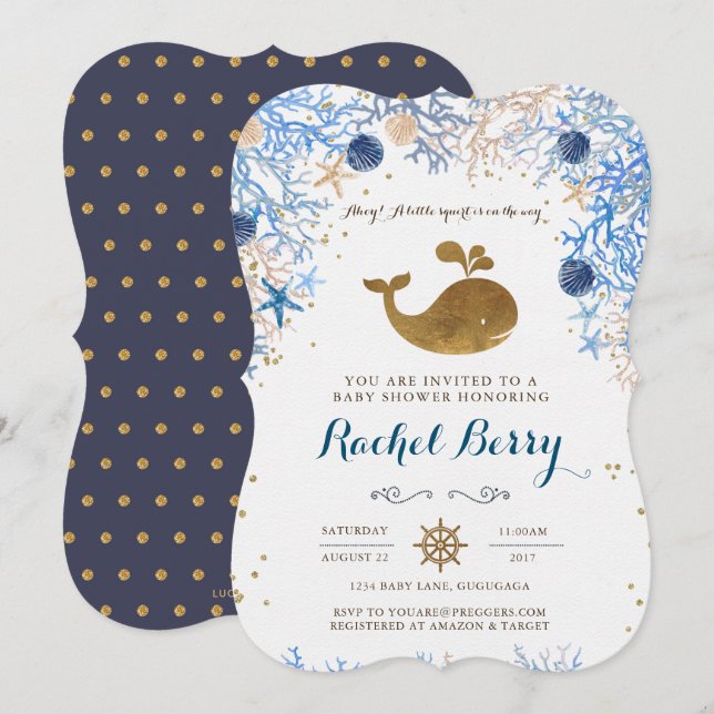 Invitación a Baby Shower de ballenas (Anverso / Reverso)