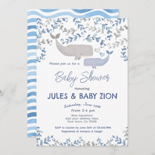 Invitación a Baby Shower de ballenas (Anverso / Reverso)