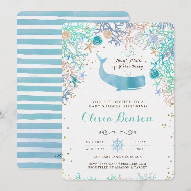 Invitación a Baby Shower de ballenas (Anverso / Reverso)