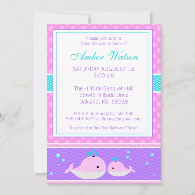 Invitación a Baby Shower de ballenas rosadas (Anverso)