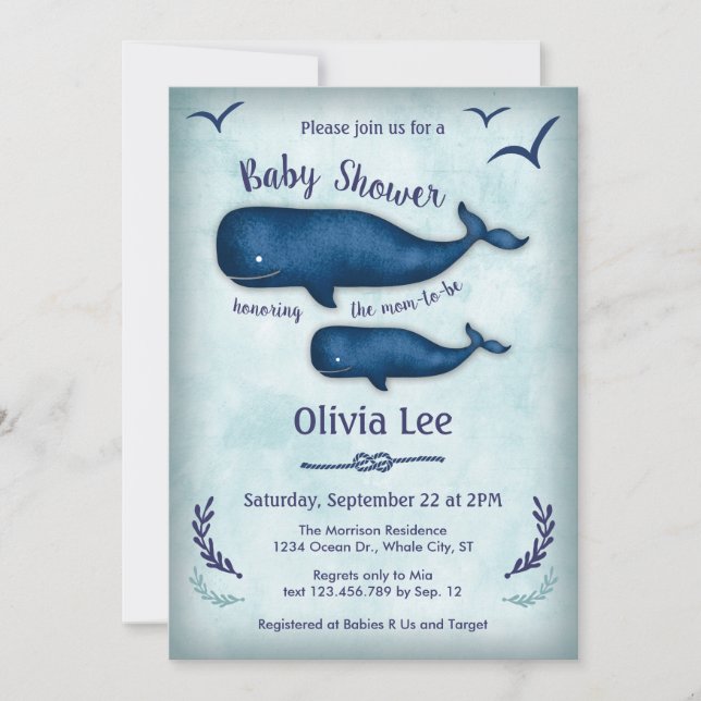 Invitación a Baby Shower de ballenas vintage (Anverso)