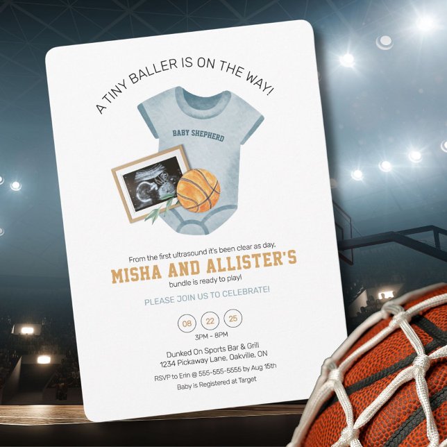 Invitación a Baby Shower de Baller de Básquetbol (Basketball-themed baby shower invite for your future MVP, personalized perfectly.)