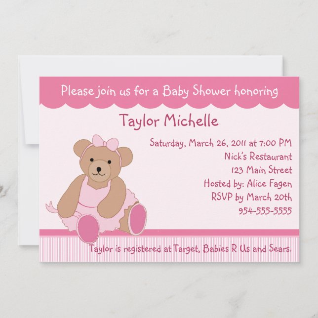 Invitación a Baby Shower de Ballerina Teddy Bear (Anverso)