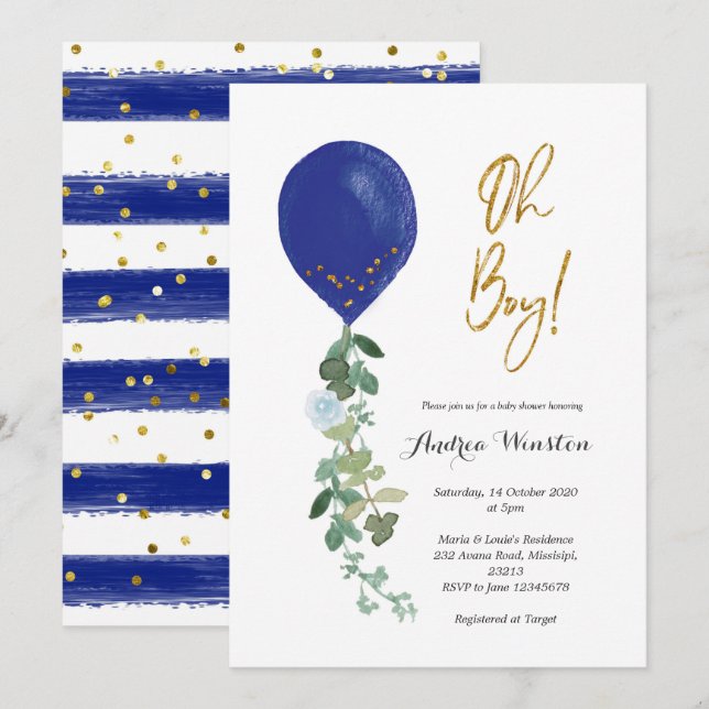 Invitación a Baby Shower de Balloon Oh Boy (Anverso / Reverso)