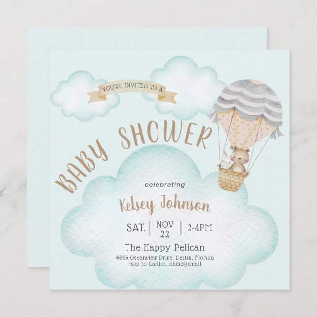 Invitación a Baby Shower de Balloon Woodland Teddy (Anverso / Reverso)