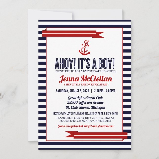 Invitación a Baby Shower de banda náutica y anclaj (Anverso)