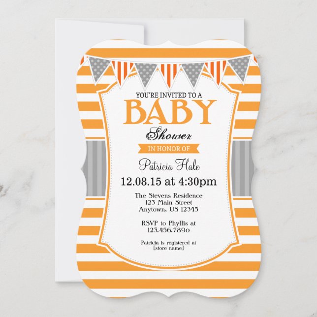 Invitación a Baby Shower de bandas grises naranjas (Anverso)