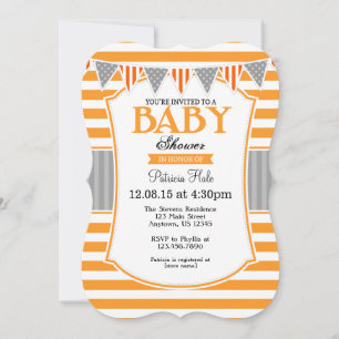 Invitación a Baby Shower de bandas grises naranjas