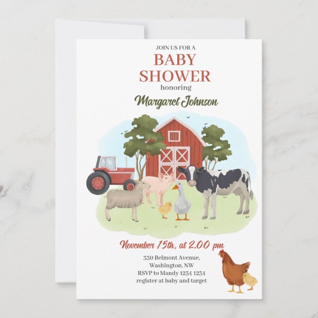 Invitación a Baby Shower de Barnyard para animales (Anverso)