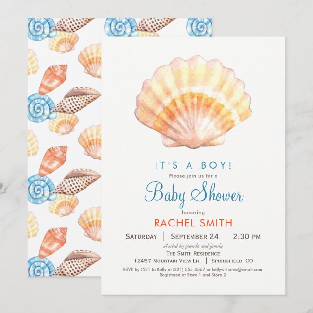 Invitación a Baby Shower de Beach Seashell Boy (Anverso / Reverso)