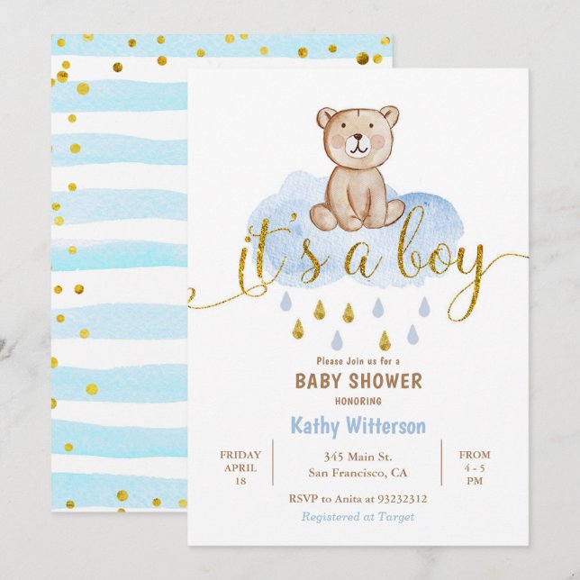 Invitación a Baby Shower de Bear Blue Cloud (Anverso / Reverso)