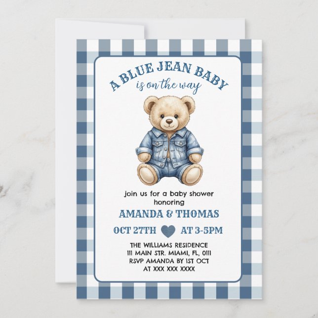 Invitación a Baby Shower de Bear Blue Jean (Anverso)