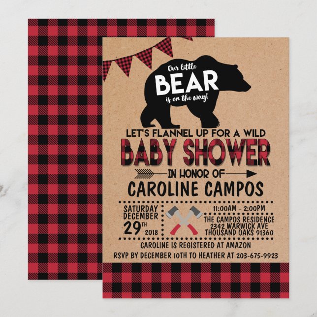 Invitación a Baby Shower de Bear Lumberjack Flanne (Anverso / Reverso)