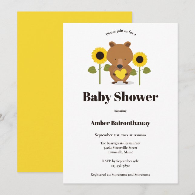 Invitación a Baby Shower de Bear Sunflowers (Anverso / Reverso)