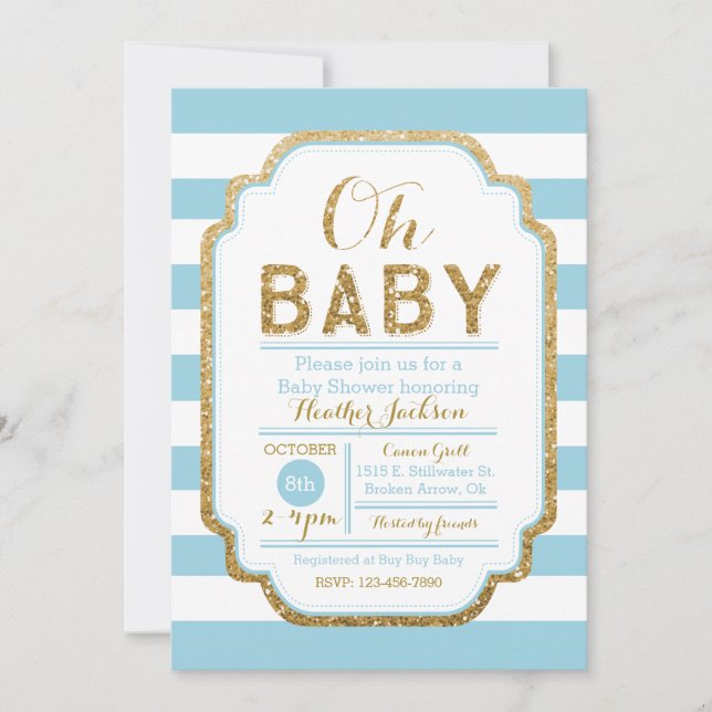 Invitación a Baby Shower De Bebé Azul Y Oro, Niño (Anverso)