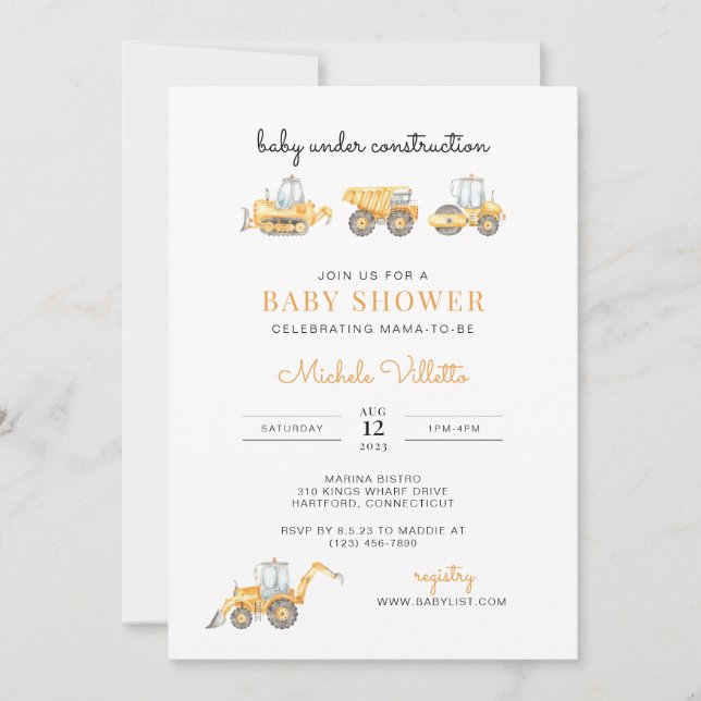 Invitación a Baby Shower de bebé en construcción (Anverso)