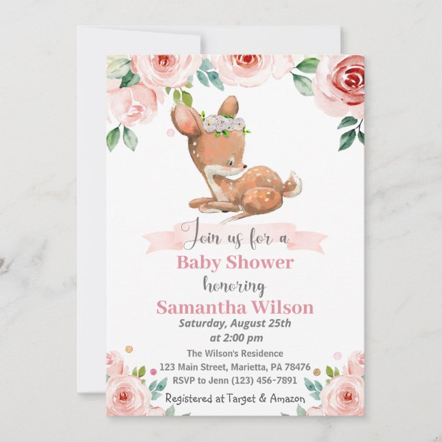 Invitación a Baby Shower de bebe floral venado (Anverso)