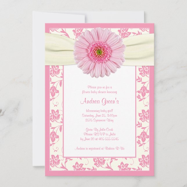 Invitación a Baby Shower de bebe rosa Gerbera Ivor (Anverso)