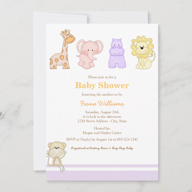 Invitación a Baby Shower de bebes de la jungla púr (Anverso)