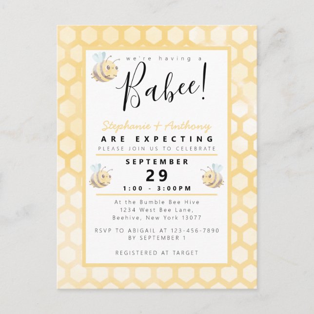 Invitación a Baby Shower de Bee Watercolor (Anverso)