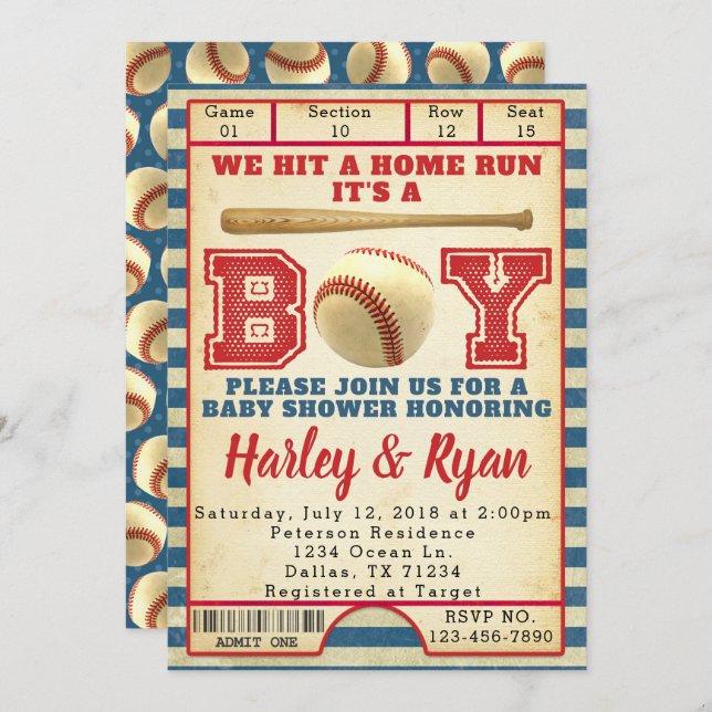 Invitación a Baby Shower de Béisbol Boy (Anverso / Reverso)