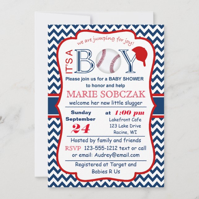 Invitación a Baby Shower de béisbol personalizable (Anverso)