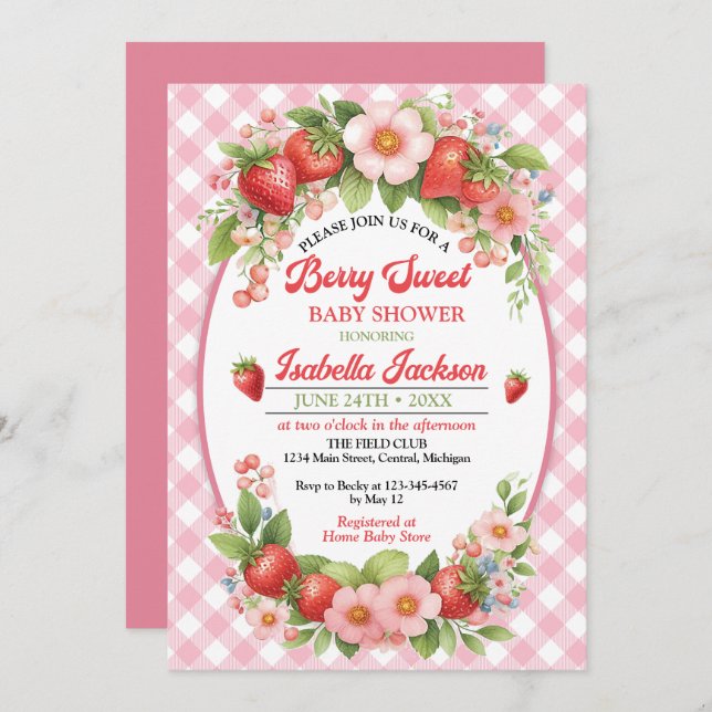Invitación a Baby Shower de Berry Sweet Chica (Anverso / Reverso)