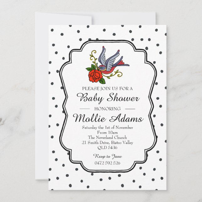 Invitación a Baby Shower de Bird Rockabilly (Anverso)