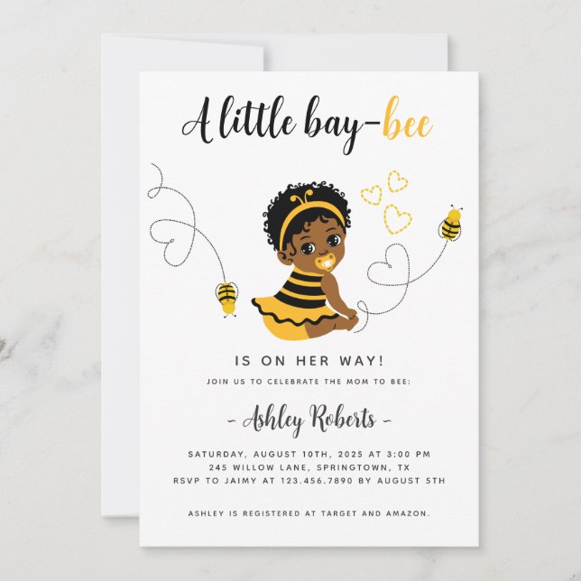 Invitación a Baby Shower de Black Baby Girl Bee Be (Anverso)